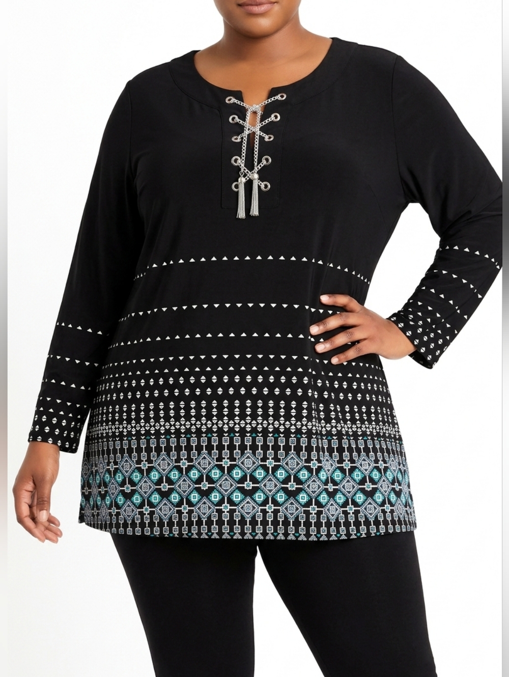 JM Collection XL Black Tunic Silver Chain Tassels Aqua Accents